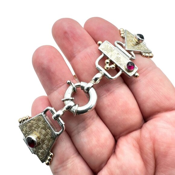 Rare Tricia Young 14K Gold Sterling Silver Pearl Garnet Bracelet - Picture 5 of 9